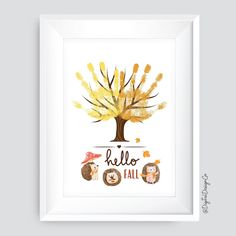 a watercolor painting of a tree with the words hello fall written in yellow and orange