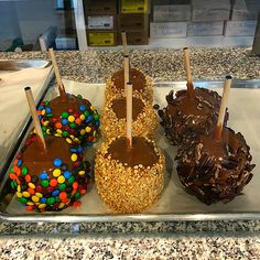 chocolate covered donuts on sticks with candy toppings