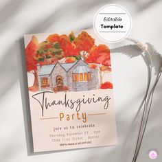 the thanksgiving party flyer is displayed on a white surface with autumn leaves and foliage around it