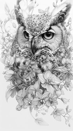 an owl sitting on top of a tree filled with flowers