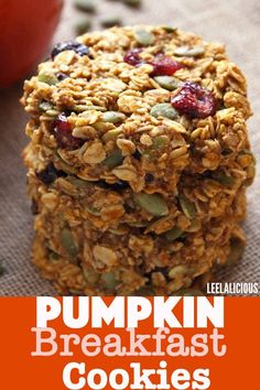 pumpkin breakfast cookies stacked on top of each other with the words pumpkin breakfast cookies above them