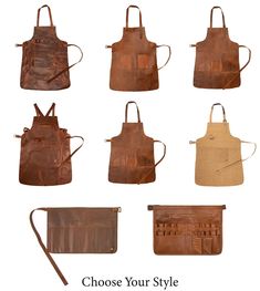 six different types of leather aprons with the words choose your style