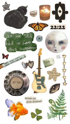 a collage of various items that include flowers, butterflies and other things to describe