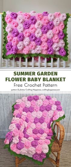 a crocheted blanket with flowers on it and the text, summer garden flower baby blanket free crochet pattern