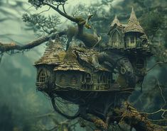 a tree house in the middle of a forest with moss growing on it's roof