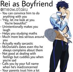 an anime character holding a guitar with the words rei as boyfriend written below him on it