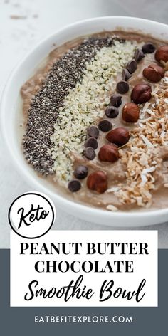 Graphic with a photo of smoothie bowl and the title "Keto Peanut Butter Chocolate Smoothie Bowl." Peanut Butter Chocolate Smoothie, Chocolate Smoothie Bowl, Low Carb Granola, Keto Smoothie, Sweet Smoothies, Peanut Butter Smoothie, Chocolate Smoothie, Quick Healthy Breakfast