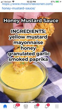 a person dipping some kind of food into a bowl with the caption honey mustard sauce ingredients yellow mustard mayonnaise gravy granulated garlic smoked paprika