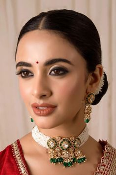 Gold plated choker embellished with kundan polki stones and panna bead drops. Comes with a pair of matching earrings. - Aza Fashions Mithila Palkar, Jayanti Reddy, Payal Singhal, Anamika Khanna, Diana Penty, Rohit Bal, Tarun Tahiliani, Luxury Sale, Kiara Advani