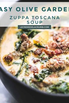 an easy olive garden zupa toscana soup in a black bowl