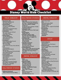 the disney world ride checklist is shown in red and white with polka dots on it