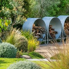 the garden is full of different types of trees and shrubs, including plants in blue barrels