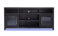 a black entertainment center with glass doors and lights on the bottom shelf is shown in front of a white background