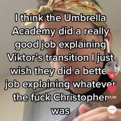 a woman with a bandana on her head looking at the camera and texting, i think the umbrella academy did a really good job explaining viktor's transition i just wish they did a better job