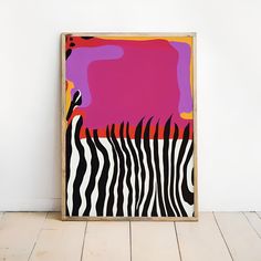 an abstract painting with zebras in front of a pink and purple background on a wooden frame