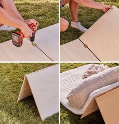 four pictures showing how to make a bed out of plywood