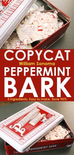 an open box of peppermint bark on a table with the text copycat william sonna peppermint bark