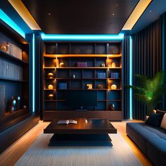 a living room filled with furniture and bookshelves next to a wall mounted tv