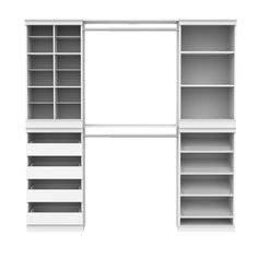 an empty white bookcase with shelves and drawers