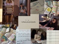 a collage of photos with books and papers on them, including one woman reading