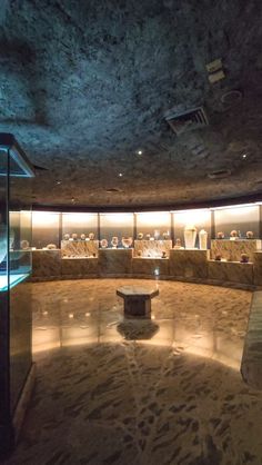 the inside of a museum with many glass cases