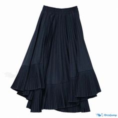 Orcajump - Ultra-chic Womens High-Waisted Pleated Black Irregular Hem Maxi Skirt with Flared Mermaid Silhouette Chic Navy Pleated Skirt, Navy Pleated Skirt Bottoms For Spring, Navy Pleated Skirt For Spring, Navy Pleated Bottoms For Spring, Navy Long Skirt For Spring, Spring Navy Pleated Bottoms, Navy Pleated Flowy Skirt, Navy Pleated Bottoms For Summer, Navy Pleated Summer Bottoms