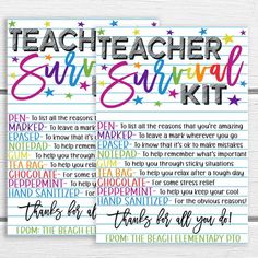 teacher survival kit with colorful writing on it