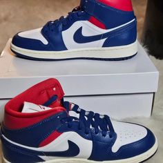 Brand New, Never Worn, With Box, Nike Jordan 1 " French Blue/Gym Red' Sneaker Jordan 1 French Blue, Shoes Nike Jordan, Nike Waffle Trainer, Red Nike Shoes, Nike Jordan 1 Mid, Random Outfits, Nike Jordan 1, Blue Jordans, Womens Basketball Shoes