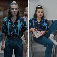 two pictures of the same person sitting on a chair, one is wearing blue jeans