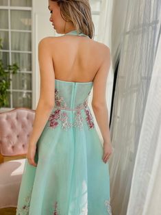 Aqua Mist Midi Dress Fitted Bodice Dress With Floral Applique For Banquet, Sheer Bodice Fitted Dress For Banquet, Fitted Floral Applique Gown For Banquet, Banquet Dress With Sheer And Fitted Bodice, Fitted Floral Embroidered Evening Dress For Prom, Fitted Floral Embroidery Evening Dress For Prom, Sheer Bodice Dress For Prom Season Banquet, Fitted Floral Applique Dress For Banquets, Floral Applique Tulle Dress For Banquet