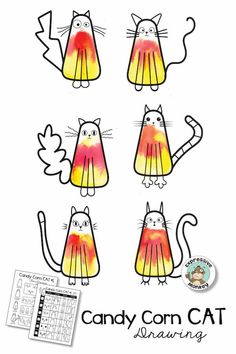 four cats with different colors on them and the text candy corn cat is shown above it