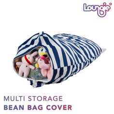 a stuffed animal in a bag with the words multi storage bean bag cover