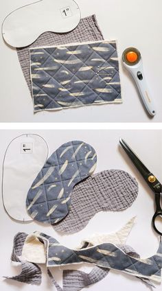 two pictures showing the process of making an oven mitt out of fabric and scissors