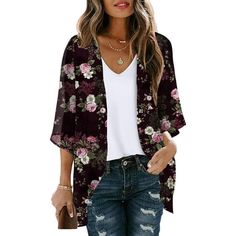 Women's Floral Print Puff Sleeve Kimono Cardigan Loose Chiffon Cover Up Casual Blouse Tops Features: Chiffon Material:Comfortable and soft feeling,Lightweight and Stylish Feature:Casual V neck t-shirt, transparent mesh neckline, short sleeve/sleeveless, flat hem finished, basic color, trendy and elegant. Occasion: Great for casual indoor or out door wear,Date, Vacation,Beach,Vocation,Hang out, give you fashion and happiness. All We Want is to Bring You Different Fashion. Makes you Fashion and Unique Every Day. Product Description: Season:All Season Gender:Women Occasion:Casual Material:Chiffon Pattern Type:Print Style:Casual Sleeve length:Short Sleeve Collar:Cardigan Length:Regular Fit:Fits ture to size How to wash:Hand wash Cold,Hang or Line Dry What you get:1XWomen cardiganSize Size: 5XL Cheap Floral Print Beach Dress Cover-up, Cheap Sleeveless Beach Season Cover-up, Cheap Trendy Collared Cardigan, Cheap Red Sleeveless Dress With Floral Print, Cheap Basic Collared Tops, Cheap Sleeveless Cover-up For Beach Season, Cheap Basic V-neck Short Sleeve Top, Cheap Fitted Short Sleeve Puff Top, Cheap Short Sleeve Shirt With Casual Collar For Beach