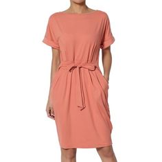 Women's Tie Waist Short Sleeve Stretchy DTY Pocket Shift Dress Casual to Office Soft structure adds quiet sophistication to this desk-to-dinner dress finished with a waist-defining belt. This women dress makes it easy to dress up and dress down, which is a good choice to wear at work or in daily life. Brushed DTY jersey spring/summer dress is a timeless staple for this season and beyond. Perfect for everyday going out, party, work, shopping, dating, business, vacation, etc. Color: Pink.  Gender: Shift Dress Casual, Tie Waist Shorts, Short Sleeve Shift Dress, Dinner Dress, Womens Tie, Spring Summer Dress, Business Dresses, Evening Attire, Flowing Maxi Dress