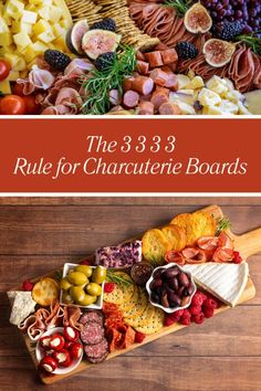 an assortment of different types of cheeses and meats on a cutting board with the title, the 3 3 3 rules for charutene boards