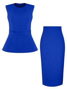 You will fall in love with this elegant blue two-piece set that emanates timeless sophistication.  The pretty sleeveless top has a stylish dart neckline that stands out. The fitted waist is followed by a flared hem to highlight the beauty and elegance of your shapes. It features an optional detachable belt that gives you extra freedom in choosing how to style the design.   Simply feminine and highly versatile, the classic pencil midi skirt is crafted from the same luxurious stretch crêpe fabric Royal Blue Skirt Outfit, Blue Skirt Outfits, Royal Blue Skirts, Pencil Midi Skirt, Midi Skirt Set, Blue Two Piece, Hugging Silhouette, Midi Skirt Pencil, Blue Skirt