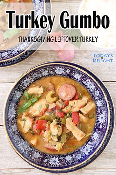 two plates filled with turkey gumbo and vegetables