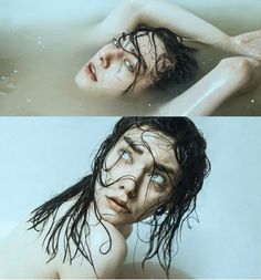 two pictures of a man with wet hair in a bathtub