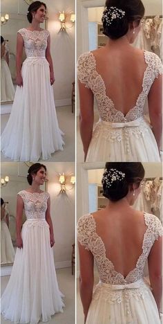 the back of a bride's dress is shown in four different pictures, including one showing