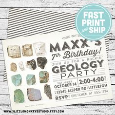 a birthday party flyer with rocks and paper on it, next to a white wooden background