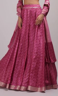 Rose pink attached cancan lehenga with abstract print and zari border. Paired with a deep neck embroidered blouse and dupatta. - Aza Fashions Party Sharara With Dupatta And Tiered Skirt, Tiered Skirt Sharara With Dupatta For Party, Designer Pink Palazzo Set Maxi Length, Elegant Pink Silk Choli, Festive Pink Maxi Length Palazzo Set, Festive Tilla Dresses, Pink Lehenga With Unstitched Blouse For Transitional Season, Pink Art Silk Sets With Sheer Dupatta, Festive Pink Palazzo Set With Unstitched Blouse