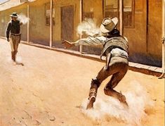 a painting of two men in cowboy hats and one is falling to the ground while another man looks on