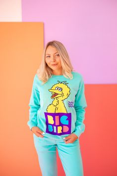 Be bold in our Big Bird Sweater. Endlessly cute, colorful and comfortable, our sweater is a little something for the adults still honoring their inner child. + Turquoise+ Available in S-XL+ Machine wash Cold / Warm+ Tumble dry on low♻︎100% Cotton Upcycled♻︎100% Made in Los Angeles, CA Playful Long Sleeve Graphic Sweatshirt, Playful White Sweatshirt With Character Print, Playful Long Sleeve Playwear Sweatshirt, Playful Multicolor Long Sleeve Sweatshirt, Playful Multicolor Graphic Print Sweatshirt, Bird Sweater, Band Jacket, Camo Jacket, Big Bird