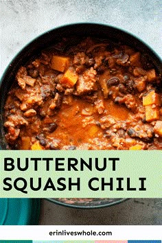 butternut squash chili in a skillet with text overlay