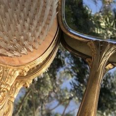 the reflection of trees in a mirror on top of a gold stand with a brush