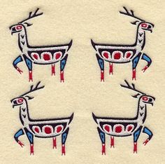 three embroidered deers with red, white and blue designs on them's backs