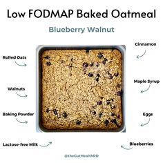 a blueberry baked oatmeal in a baking pan with the words low fodmap baked oatmeal below it