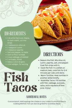 Fish tacos are a delightful dish combining flaky, spiced fish tucked into warm, soft tortillas. They are garnished with crisp cabbage, ripe avocado slices, and vibrant salsa, all enhanced by a squeeze of fresh lime. Soft Tortillas, Avocado Slices, Ripe Avocado, Lime Wedge, Fish Tacos, Fresh Lime, Flour Tortillas, Tortillas