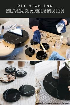 black marble finish is being applied on the top of a table with plates and utensils